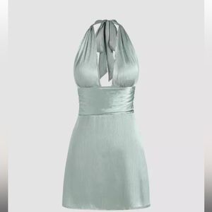 Solid Deep V Halter Mini Dress